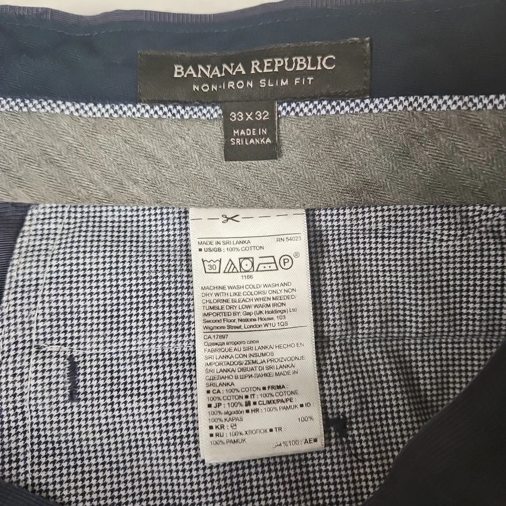 Banana Republic Non-Iron Slim Fit Pants Navy Cotton Trousers 33x32 Check Wrinkle